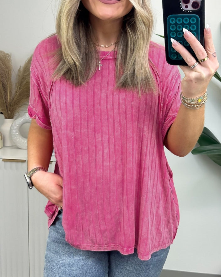 T-shirt côtelé décontracté délavé pour femme (achetez-en 2, livraison gratuite)