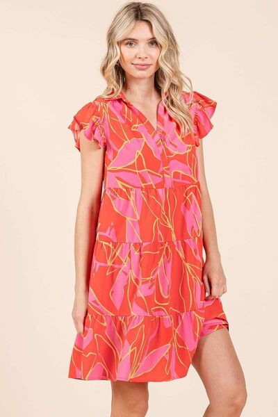Mini-robe étagée à imprimé feuilles et manches à volants Mittoshop