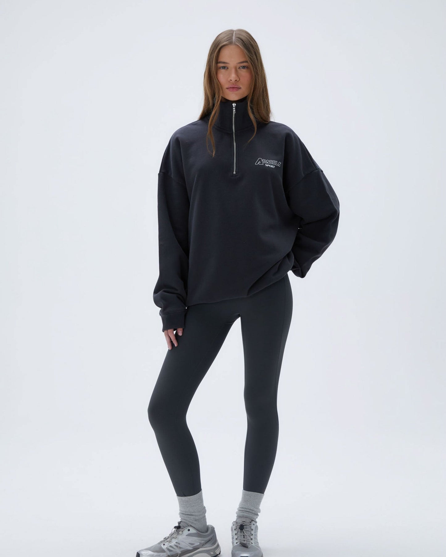 "A" Oversized Funnel Neck Zip Sweatshirt - Graphite Grey