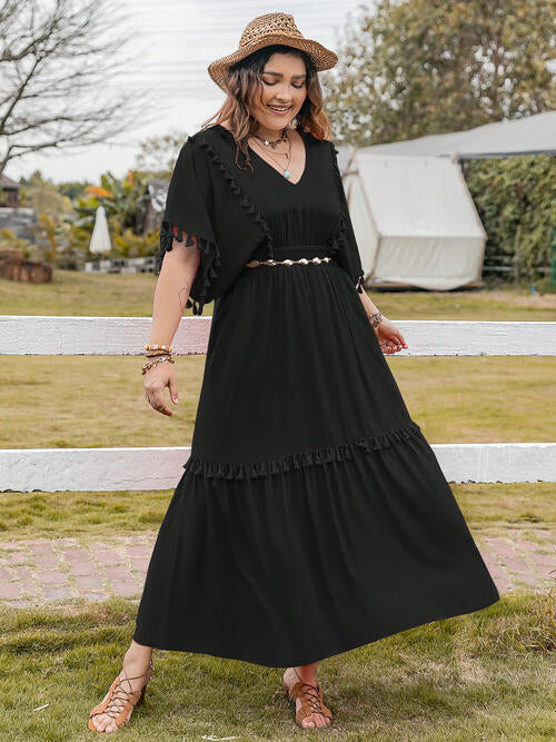 Robe Grande Taille à Col en V, Manches Courtes, Ourlet à Volants et Pompons
