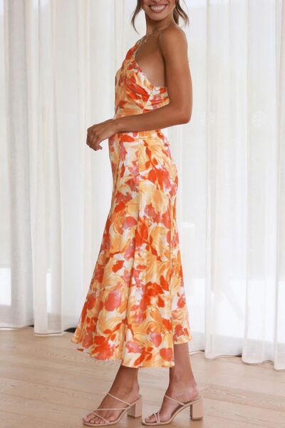 Robe midi asymétrique imprimée froncée