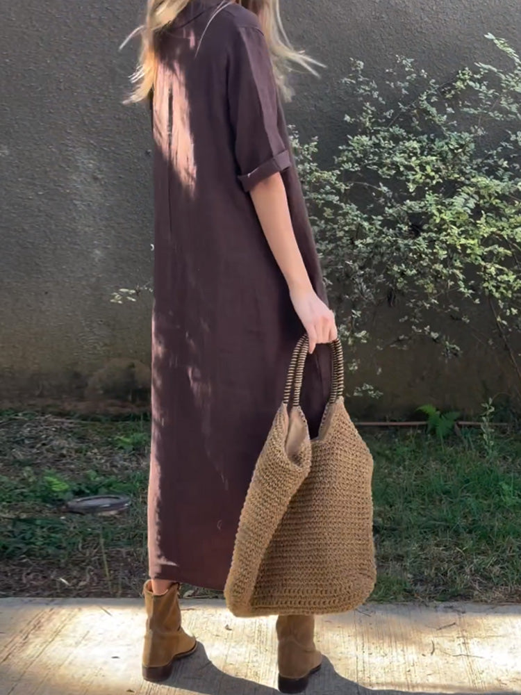 Robe décontractée unie en coton et lin pour femme