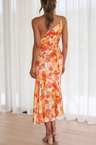 Robe midi asymétrique imprimée froncée