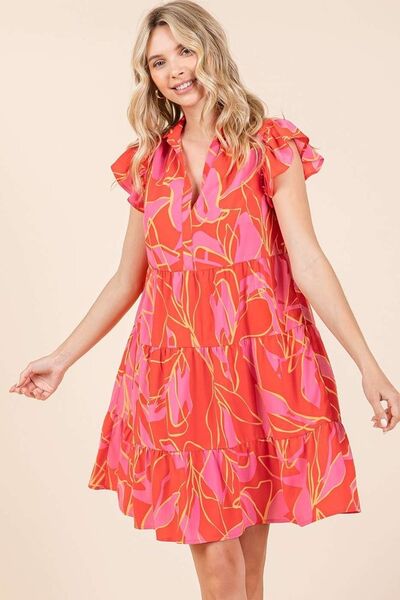 Mini-robe étagée à imprimé feuilles et manches à volants Mittoshop