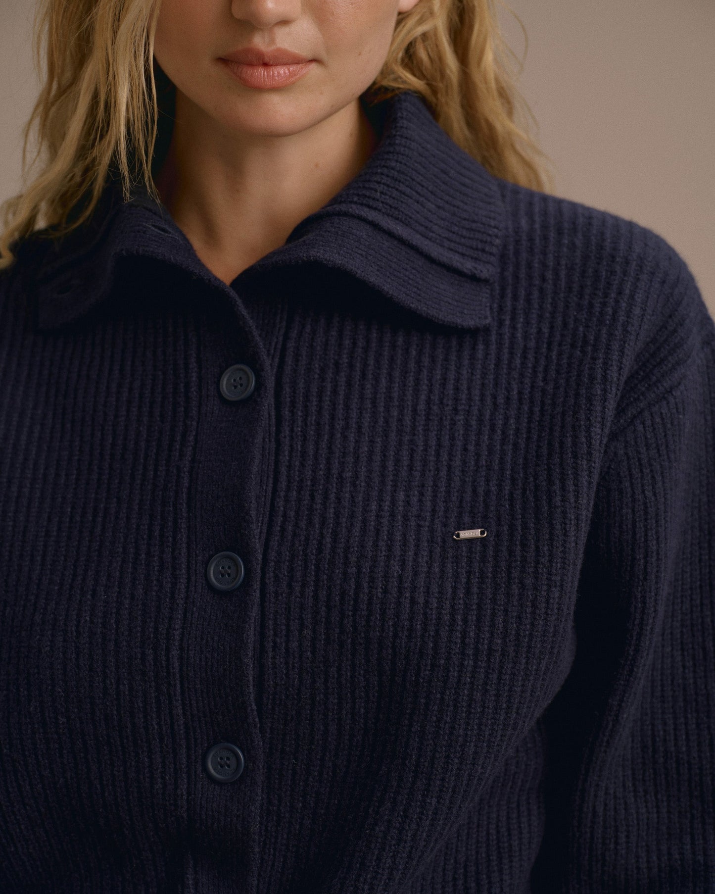 Knit Collar Cardigan - Navy Blue