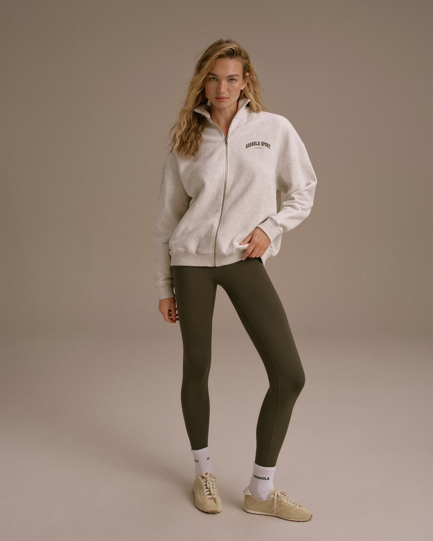 AS Oversized Full Zip Funnel Neck Sweatshirt - Light Grey Melange/Dark Olive
