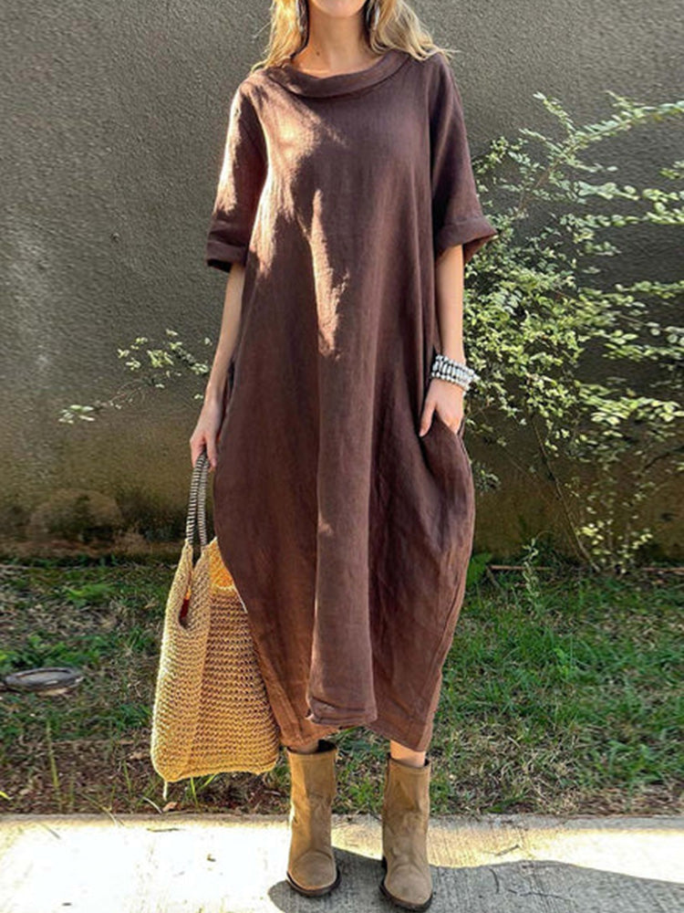 Robe décontractée unie en coton et lin pour femme