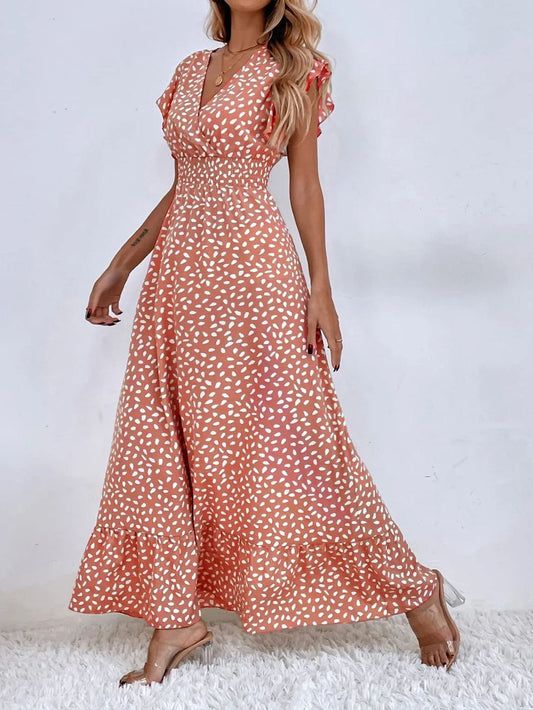 Robe longue à imprimé, volants aux manches et col en V