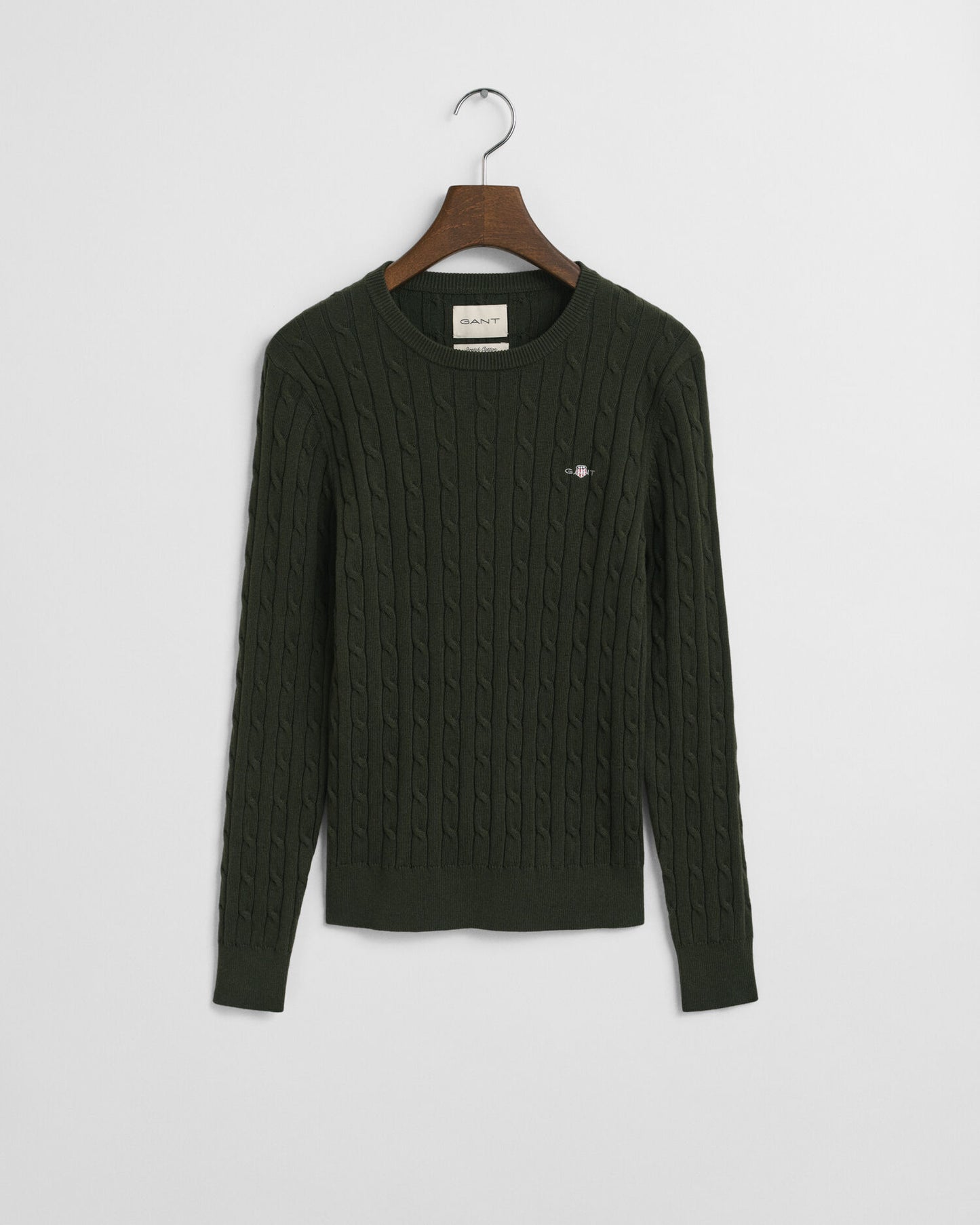 Stretch Cotton Cable Knit Crew Neck Sweater